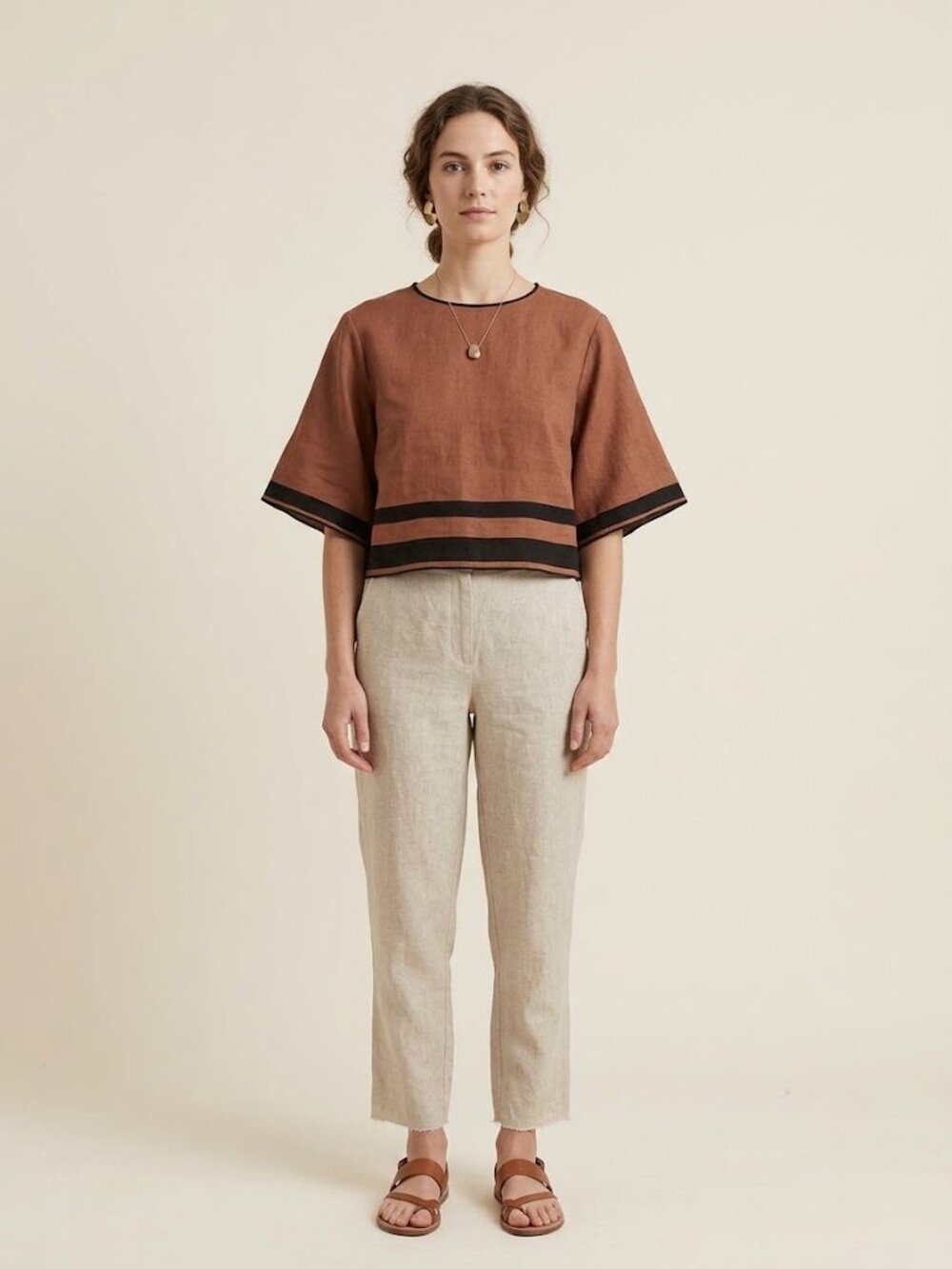 Magaschoni Brown Earthy 100% Linen Oversized Boxy Crop Top with Black Stripes